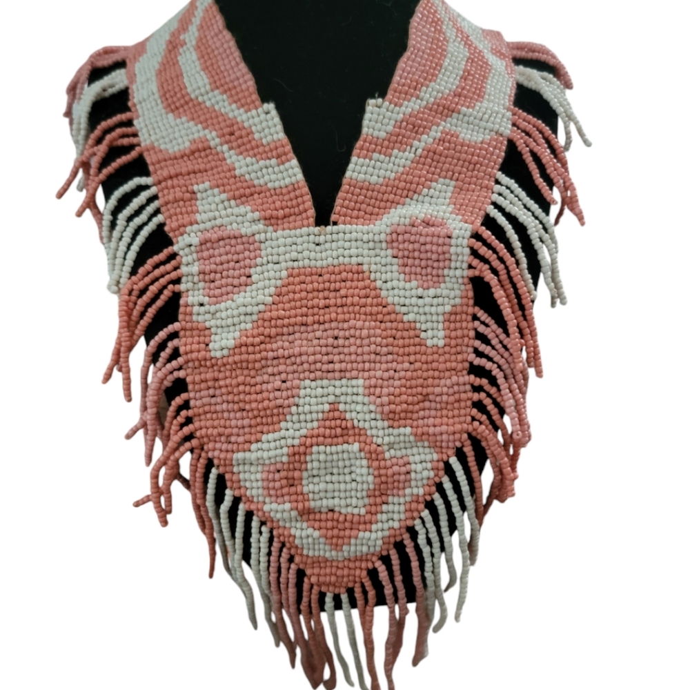 Hand crafted Beaded Loom Bib Necklace Coral Pale orange & white beads